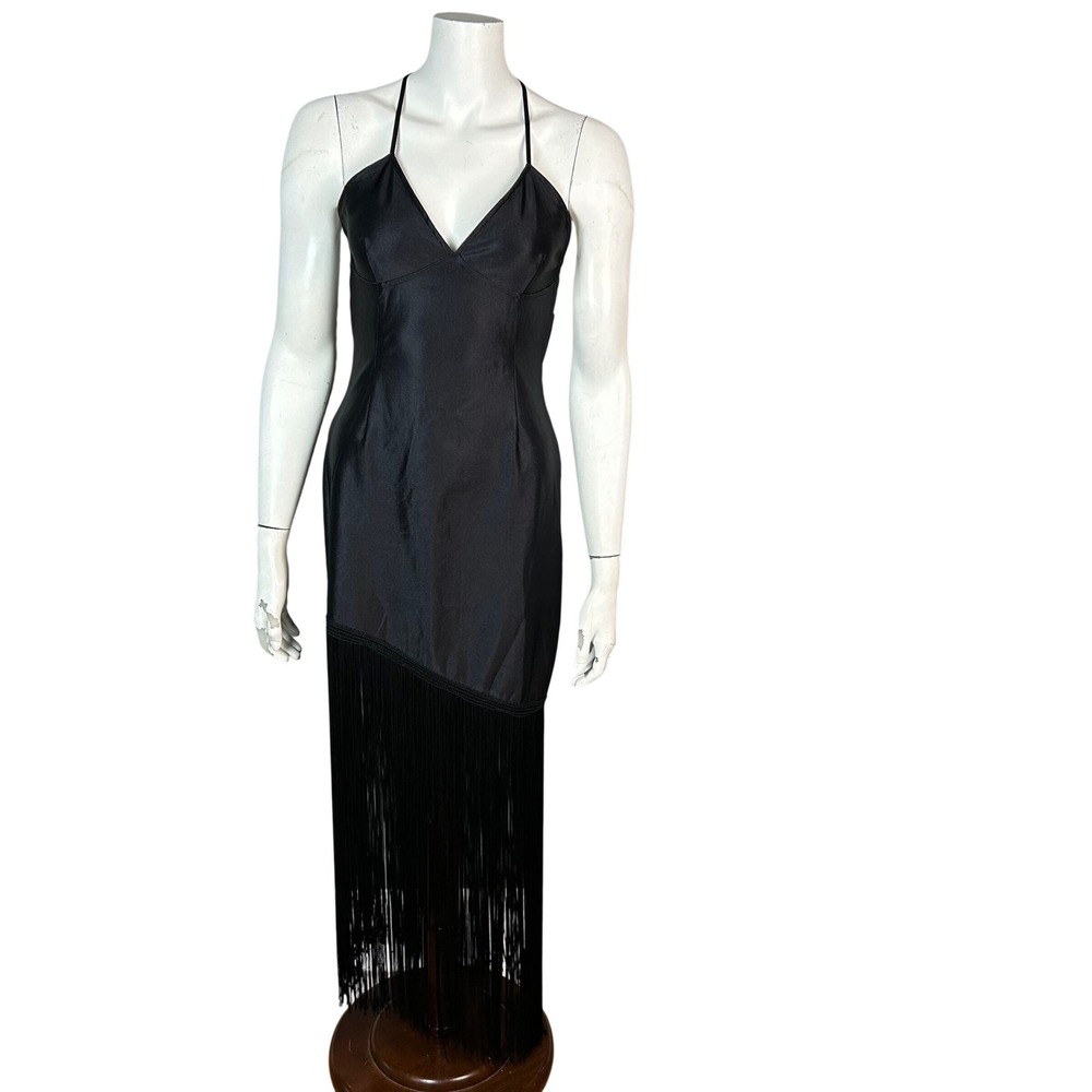 90s Whimsigoth slip dress Large R.com Black Fringe Asymmetrical Dark Romantic